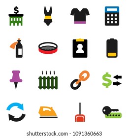 solid vector ixon set - scoop vector, iron, sieve, exchange, bank building, personal information, swimsuite, t shirt, link, thumbtack, battery, potion, refresh, heating, calculator, password