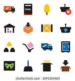 solid vector ixon set - scoop vector, cereal, pasta, safe, wood box, cargo, warehouse, package, mailbox, relocation truck, gift, basket