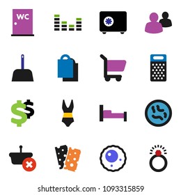 solid vector ixon set - scoop vector, water closet, grater, safe, dollar sign, swimsuite, breads, equalizer, group, microbs, ovule, shopping bag, basket, cart, diamond ring