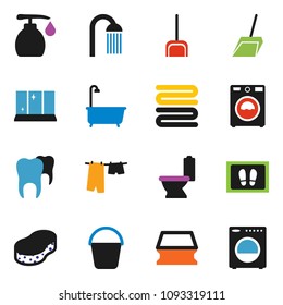 solid vector ixon set - scoop vector, bucket, sponge, welcome mat, bath, toilet, drying clothes, washer, liquid soap, shining window, shower, towel, tooth