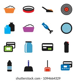 solid vector ixon set - scoop vector, foam basin, cleaning agent, blender, sieve, jar, credit card, water bottle, disk