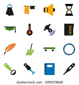 solid vector ixon set - scoop vector, towel, drying clothes, measuring cup, ladle, blender, copybook, graduate hat, pen, sand clock, skateboard, hoop, satellitie, speaker, thermometer