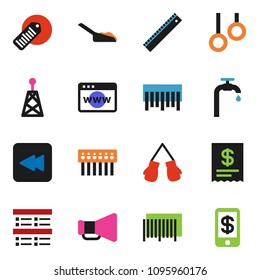 solid vector ixon set - scoop vector, ruler, exam, boxing glove, gymnast rings, barcode, antenna, loudspeaker, backward button, browser, hub, water supply, receipt, tap pay