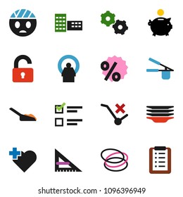 solid vector ixon set - scoop vector, plates, cook press, school building, corner ruler, exam, piggy bank, heart cross, hoop, no trolley, tomography, head bandage, gear, unlock, percent