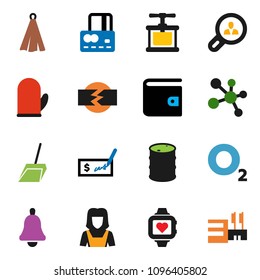 solid vector ixon set - scoop vector, cleaner woman, cook glove, towel, press, bell, credit card, wallet, check, molecule, heart monitor, oxygen, oil barrel, disconnection, client search, mall