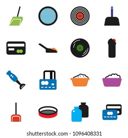 solid vector ixon set - scoop vector, foam basin, cleaning agent, blender, sieve, jar, credit card, disk