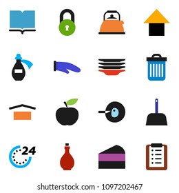 solid vector ixon set - scoop vector, trash bin, plates, kettle, oil, cook glove, cake, book, arrow up, diet, dry cargo, insemination, potion, lock, 24 hour, shopping list