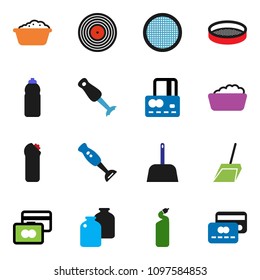 solid vector ixon set - scoop vector, foam basin, cleaning agent, blender, sieve, jar, credit card, water bottle, disk