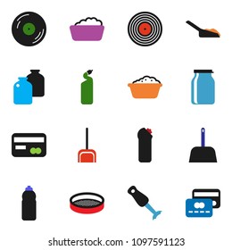 solid vector ixon set - scoop vector, foam basin, cleaning agent, blender, sieve, jar, water bottle, disk, credit card