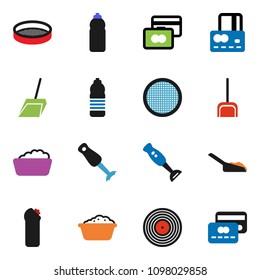 solid vector ixon set - scoop vector, foam basin, cleaning agent, blender, sieve, credit card, water bottle, disk