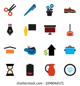 solid vector ixon set - scoop vector, pan, jug, pen, blackboard, dollar growth, sand clock, presentation board, snickers, dry cargo, battery, scissors, pond, flower in pot, diamond ring