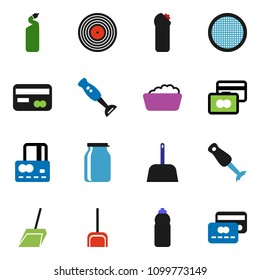 solid vector ixon set - scoop vector, foam basin, cleaning agent, blender, sieve, jar, credit card, water bottle, disk