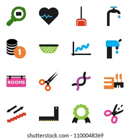 solid vector ixon set - scoop vector, colander, corner ruler, medal, graph, coin stack, heart pulse, stairways run, cargo search, dna, scissors, water supply, rooms signboard, mall, coupon