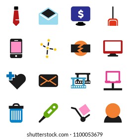 solid vector ixon set - scoop vector, trash bin, constellation, tie, monitor dollar, heart cross, cargo, film frame, mobile phone, mail, thermometer, notebook network, disconnection, consumer