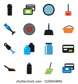 solid vector ixon set - scoop vector, foam basin, cleaning agent, blender, sieve, jar, credit card, water bottle, disk
