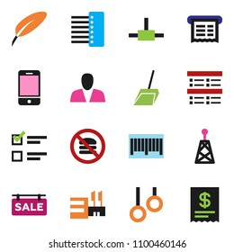 solid vector ixon set - scoop vector, pen, exam, no fastfood, gymnast rings, antenna, mobile phone, connect, hub, sale signboard, consumer, mall, barcode, receipt