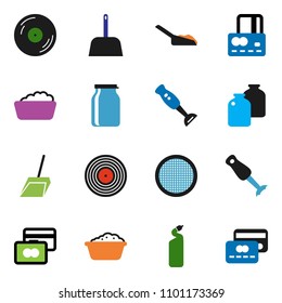 solid vector ixon set - scoop vector, foam basin, cleaning agent, blender, sieve, jar, credit card, disk
