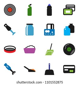 solid vector ixon set - scoop vector, foam basin, cleaning agent, blender, sieve, jar, credit card, water bottle, disk