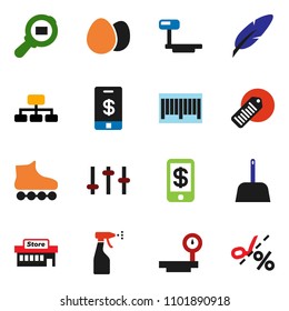 solid vector ixon set - scoop vector, sprayer, egg, pen, hierarchy, roller Skates, big scales, cargo search, barcode, settings, mall, tap pay, coupon