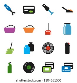 solid vector ixon set - scoop vector, foam basin, cleaning agent, blender, jar, credit card, disk