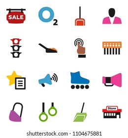 solid vector ixon set - scoop vector, roller Skates, gymnast rings, oxygen, traffic light, loudspeaker, touchscreen, bandage, hub, favorites, sale signboard, consumer, mall