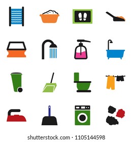 solid vector ixon set - scoop vector, sponge, trash bin, welcome mat, iron, bath, toilet, drying clothes, washer, foam basin, liquid soap, washboard, shower, garbage pile