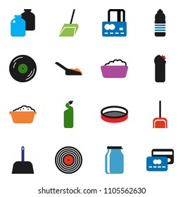 solid vector ixon set - scoop vector, foam basin, cleaning agent, sieve, jar, credit card, water bottle, disk
