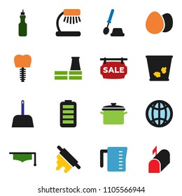 solid vector ixon set - scoop vector, trash bin, toilet brush, pan, measuring cup, rolling pin, egg, oil, graduate hat, table lamp, battery, tooth implant, globe, sale signboard, factory, mailbox