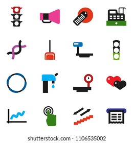 solid vector ixon set - scoop vector, graph, stairways run, hoop, traffic light, big scales, barcode, loudspeaker, touchscreen, heart, dna, water supply, cashbox, receipt