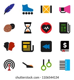 solid vector ixon set - scoop vector, potato, pen, annual report, sand clock, heart pulse, boxing glove, roller Skates, gymnast rings, wood box, antenna, newspaper, loudspeaker, backward button, hub
