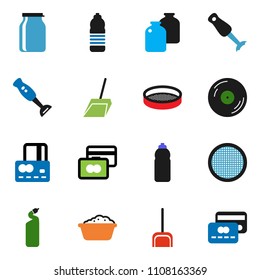 solid vector ixon set - scoop vector, foam basin, cleaning agent, blender, sieve, jar, credit card, water bottle, disk