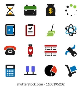 solid vector ixon set - scoop vector, backpack, atom, calculator, exam, pie graph, safe, heart monitor, satellite, sand clock, server, loading, phone, money bag, shopping list, trolley