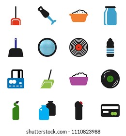 solid vector ixon set - scoop vector, foam basin, cleaning agent, blender, sieve, jar, credit card, water bottle, disk