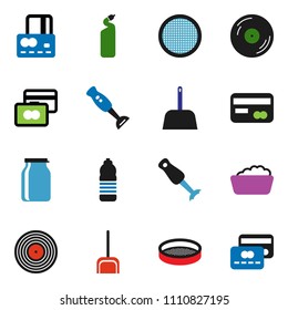 solid vector ixon set - scoop vector, foam basin, cleaning agent, blender, sieve, jar, credit card, water bottle, disk