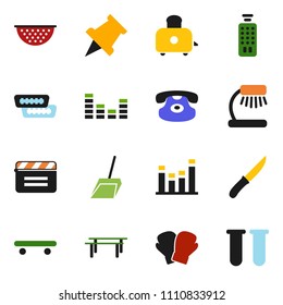 solid vector ixon set - scoop vector, colander, knife, toaster, table lamp, paper pin, horizontal bar, boxing glove, skateboard, cinema clap, equalizer, remote control, classic phone, hdmi, vial