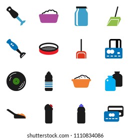 solid vector ixon set - scoop vector, foam basin, cleaning agent, blender, sieve, jar, credit card, water bottle, disk