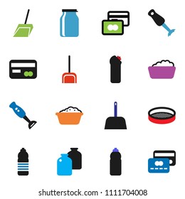 solid vector ixon set - scoop vector, foam basin, cleaning agent, blender, sieve, jar, credit card, water bottle