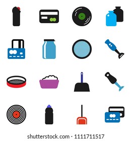 solid vector ixon set - scoop vector, foam basin, cleaning agent, blender, sieve, jar, credit card, water bottle, disk