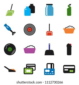 solid vector ixon set - scoop vector, foam basin, cleaning agent, blender, jar, credit card, disk