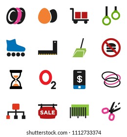solid vector ixon set - scoop vector, plates, egg, corner ruler, sand clock, roller Skates, no fastfood, hoop, gymnast rings, oxygen, cargo, hierarchy, sale signboard, barcode, tap pay, coupon