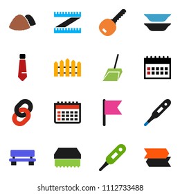 solid vector ixon set - scoop vector, sponge, garbage pile, plates, flag, tie, calendar, measuring, thermometer, bench, chain, fence, key, signpost