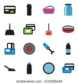 solid vector ixon set - scoop vector, foam basin, cleaning agent, blender, sieve, jar, credit card, water bottle, disk