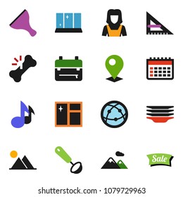 solid vector ixon set - scraper vector, window cleaning, plates, shining, cleaner woman, ladle, corner ruler, backpack, music, calendar, internet, broken bone, pin, mountain, sale