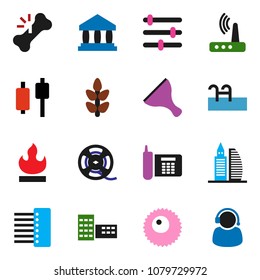 solid vector ixon set - scraper vector, school building, bank, japanese candle, cereals, phone, flammable, film spool, broken bone, ovule, equalizer, hub, router, pool, office, support