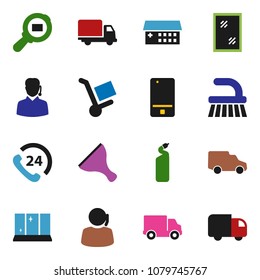 solid vector ixon set - scraper vector, fetlock, window cleaning, agent, shining, phone 24, support, delivery, car, cargo search, mobile, hospital building, trolley