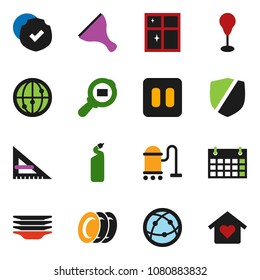 solid vector ixon set - scraper vector, vacuum cleaner, cleaning agent, plates, shining window, corner ruler, punching bag, calendar, protected, cargo search, internet, pause button, love home