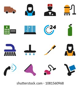 solid vector ixon set - scraper vector, vacuum cleaner, fetlock, car, steaming, cleaning agent, shining window, woman, doctor, hospital building, 24 hour, trolley