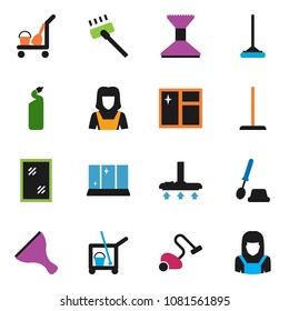 solid vector ixon set - scraper vector, cleaner trolley, vacuum, mop, car fetlock, window cleaning, toilet brush, agent, shining, woman