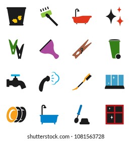 solid vector ixon set - scraper vector, vacuum cleaner, clothespin, trash bin, water tap, car fetlock, shining, steaming, bath, toilet brush, plates, window