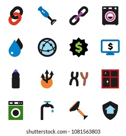 solid vector ixon set - scraper vector, water drop, washer, shining window, blender, dollar medal, monitor, bottle, internet, chromosomes, chain, route arrow, supply, home protect